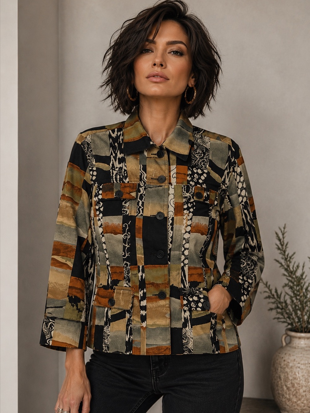 Erin London Womens Boho colorful patchwork patterned Lightweight Jacket size XL